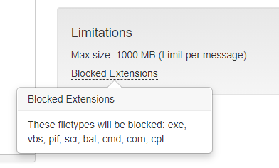 Screenshot showing the file limitations box with the "blocked extensions" box showing when hovered. Describing what files cannot be shared. 