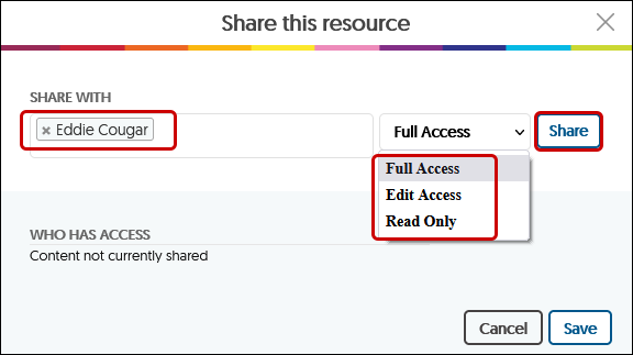 Select Full Access, Edit Access, or Read only access