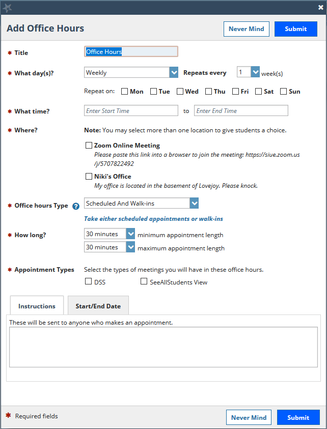 screen capture of the add office hours setup window