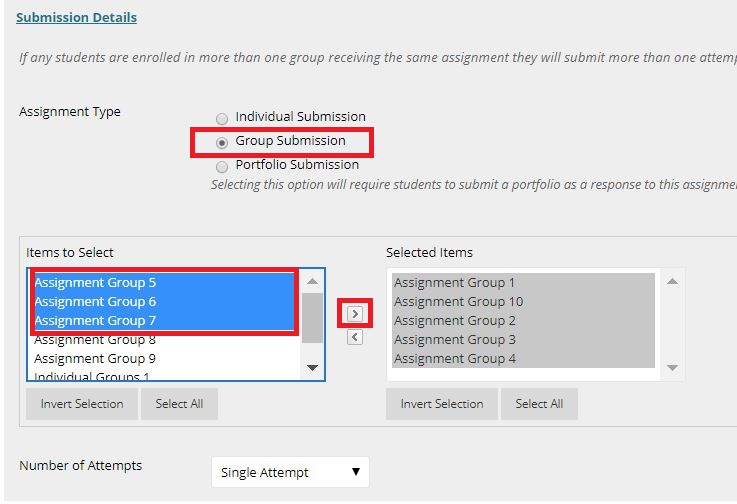 Submission Details field that shows assignment type and Item to Select that allow you to designate which groups the group assignment will apply to