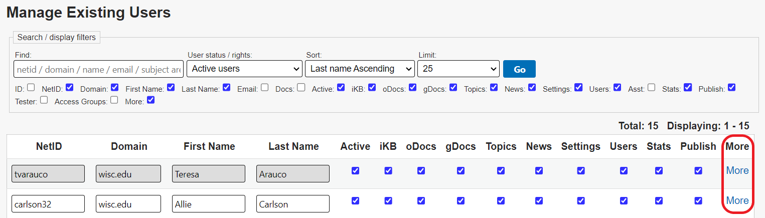 The Manage Existing Users screen. The More column on the far right is circled in red.