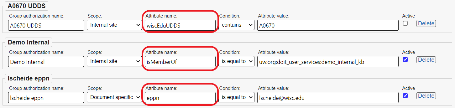 Three group authorization rules. Each rule has a different Attribute name. At the top is wiscEduUDDS, followed by isMemberOf, then eepn.