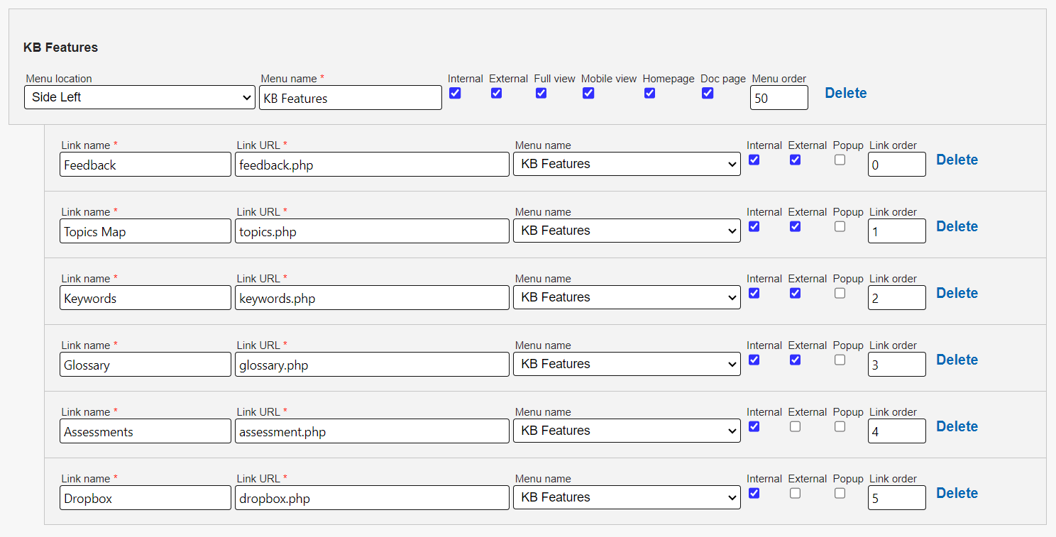 KB Features Menu section in the Menus page.