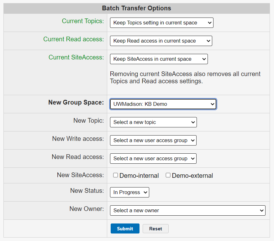 The Batch Transfer Options section after selecting a new group space.