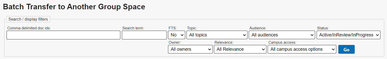 The top of the Batch Transfer to Another Group Space screen showing the search bars and filters.