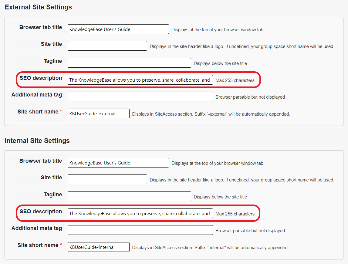 The External Site Settings and Internal Site Settings sections. The SEO description field is circled in red in both sections.