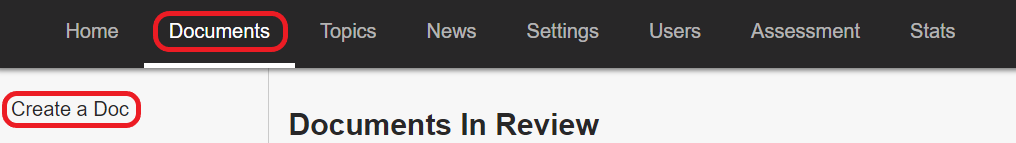 The top of the KB Admin Tools. The Documents tab is circled in red and opened. The Create a Doc link on the left sidebar is circled in red.