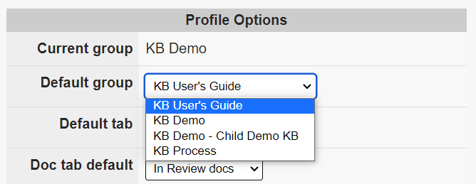 The top of the Profile Options section. The default group dropdown is open.