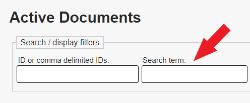 The top of the Active Documents page. A red arrow points at the Search term search bar.