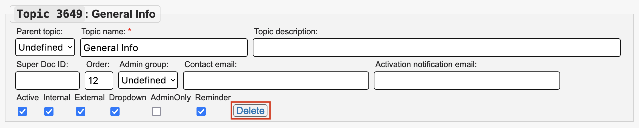 The delete button will be the last item in the set of fields for an individual topic. Each topic will have its own delete button.